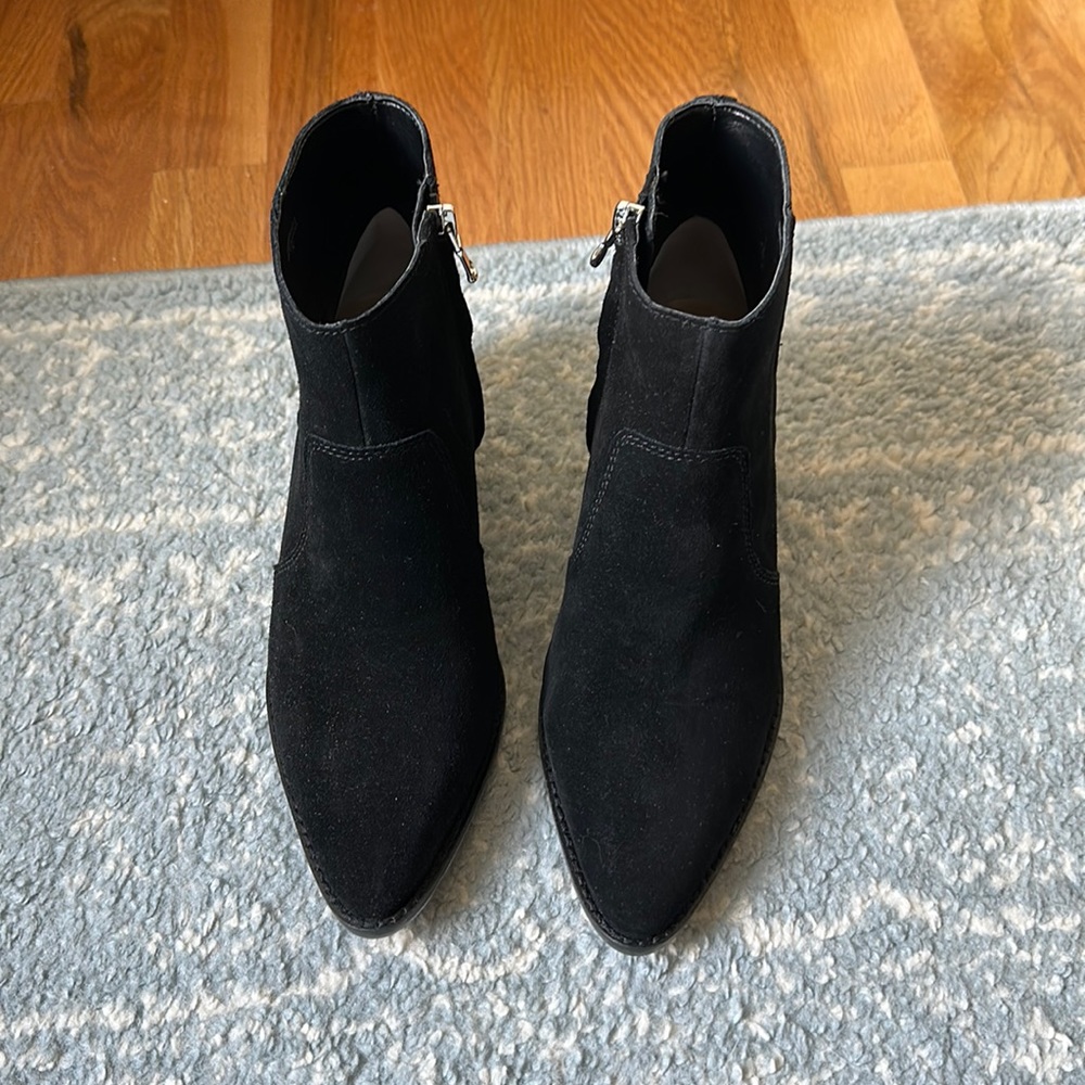 Black suede boots with side zippers.